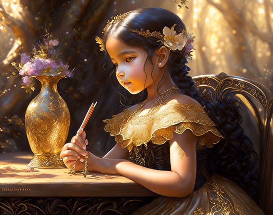 Young girl in golden dress writing in enchanted forest ambiance