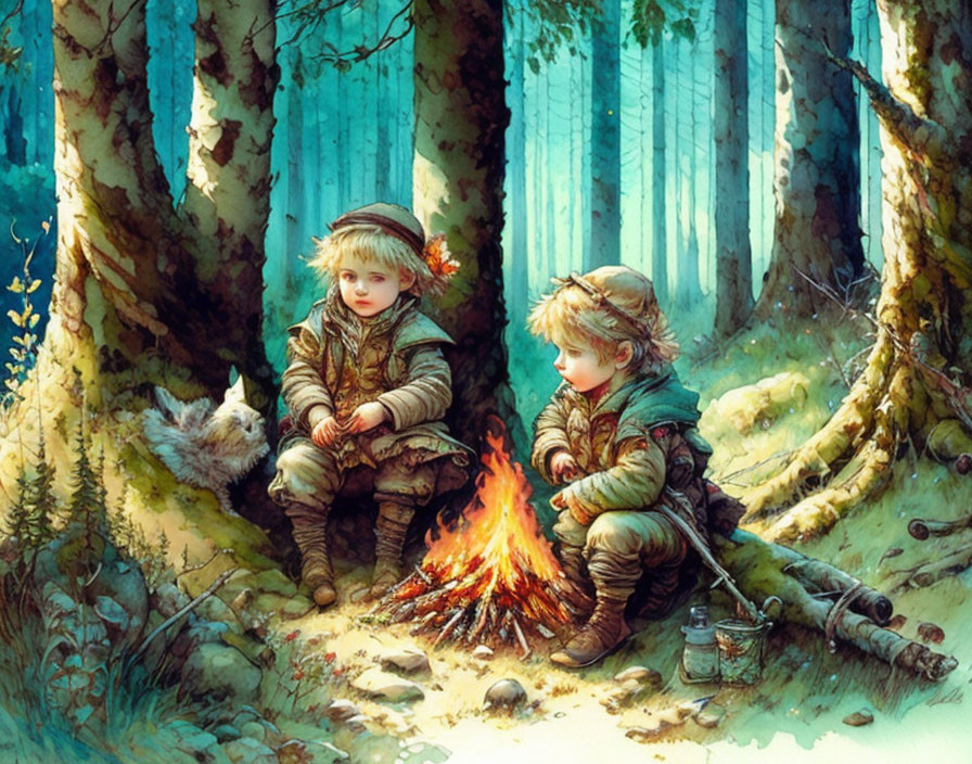 Children in hats and coats by campfire with cat and teapot in forest