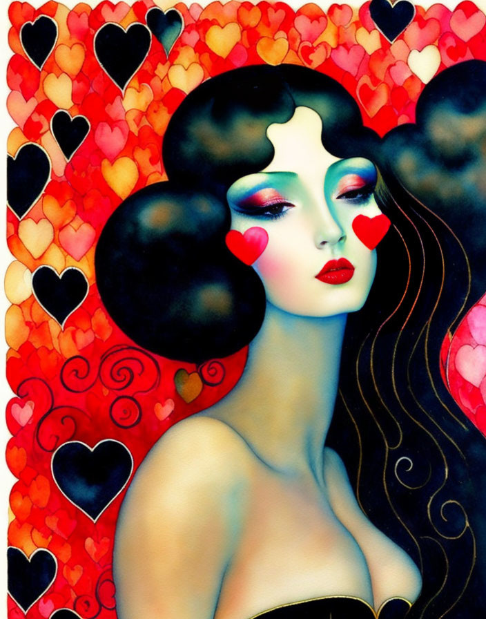 Illustration of woman with heart-shaped face paint in vibrant multicolored hearts