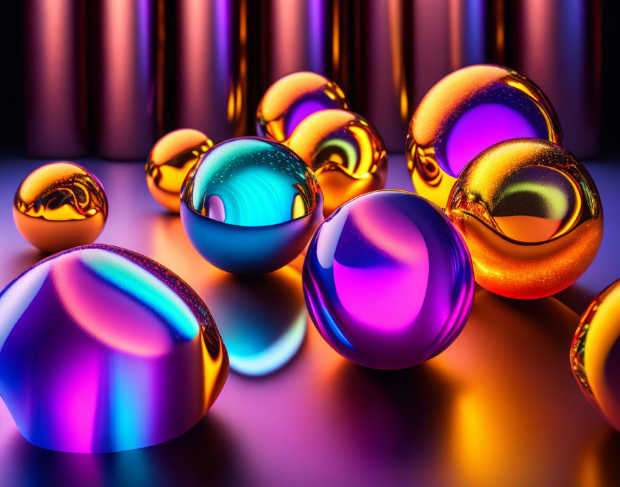Colorful Glass Spheres Reflecting Light on Glossy Background
