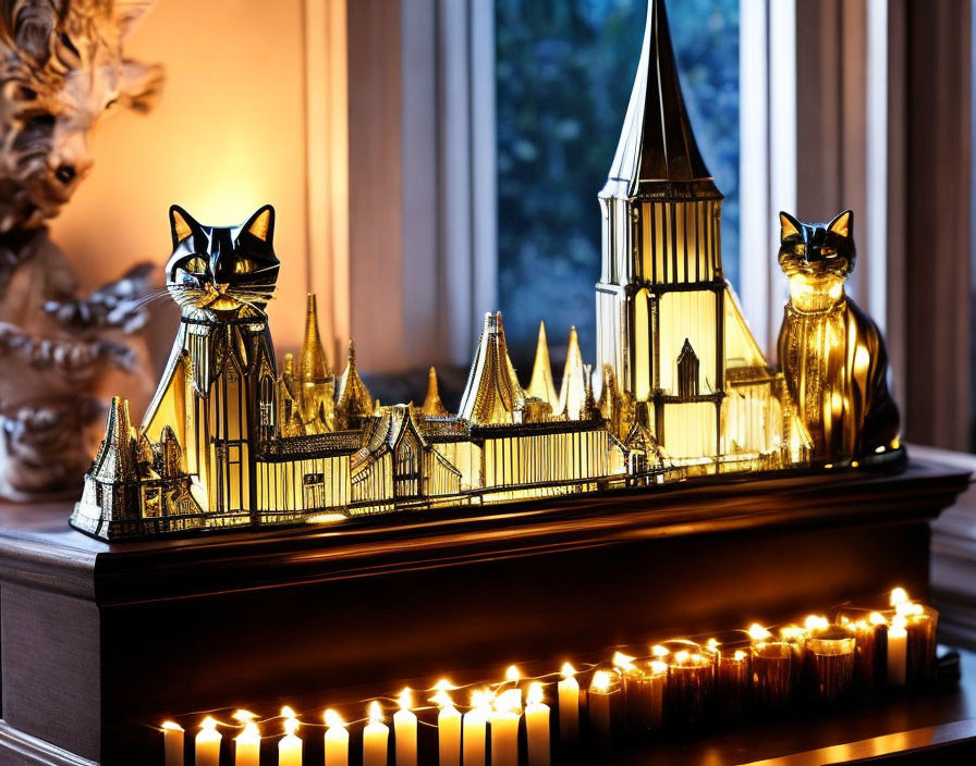 Golden architectural model with black cat figurines and candles on piano