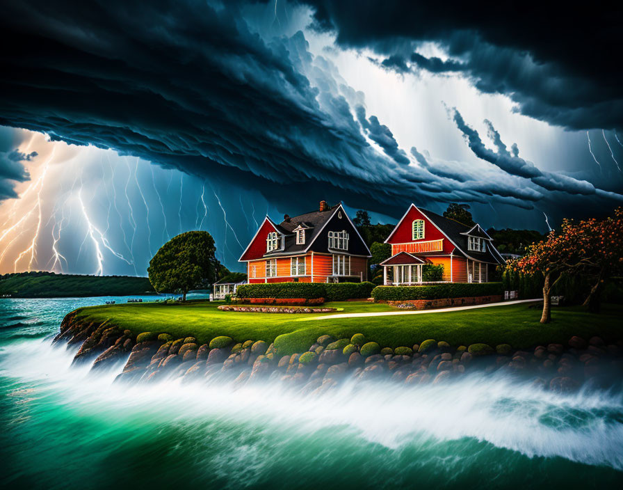 Stormy scene: Lightning strikes near red-roofed houses by turbulent sea