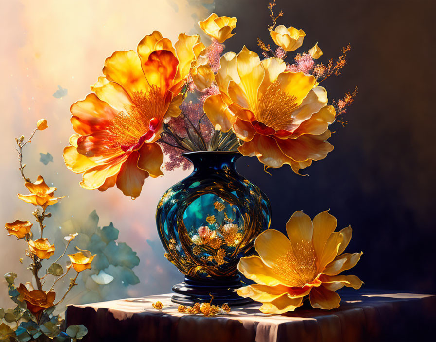 Orange Flowers in Blue Vase with Gold Patterns on Soft Backdrop