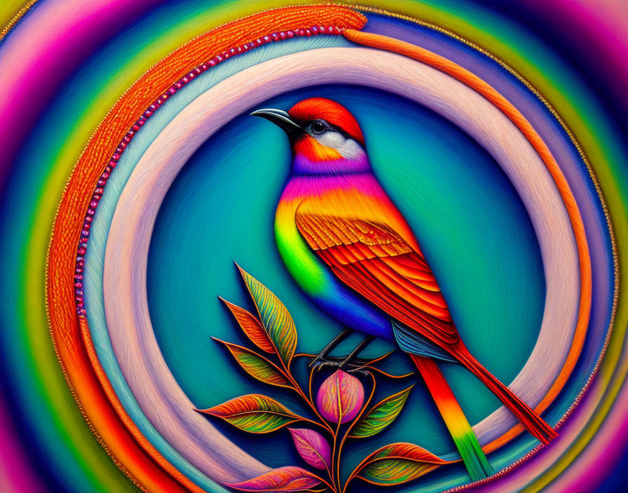 Colorful Stylized Bird Art on Psychedelic Circular Background