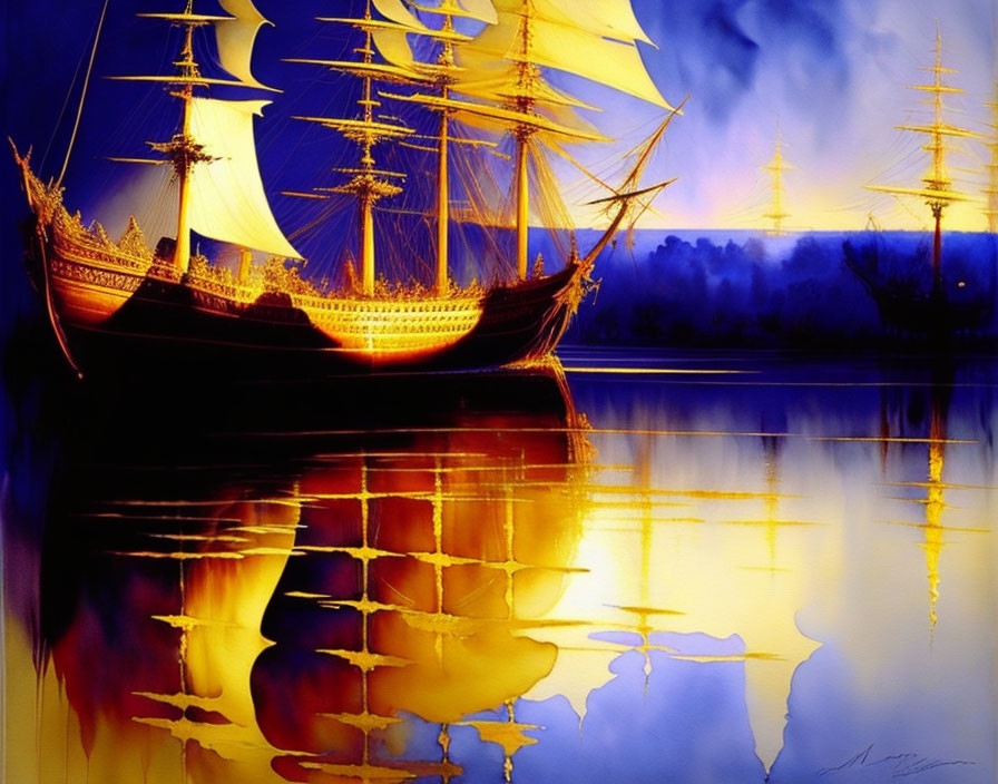 Tall Ships with Golden Sails in Tranquil Sunset Scene