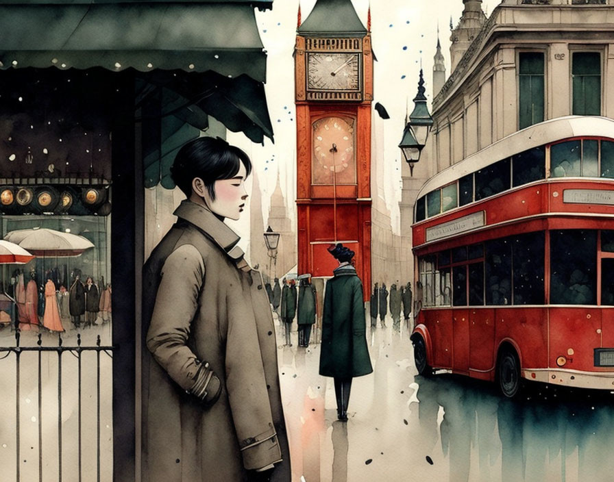 Illustration of woman with London bus and Big Ben in rainy background