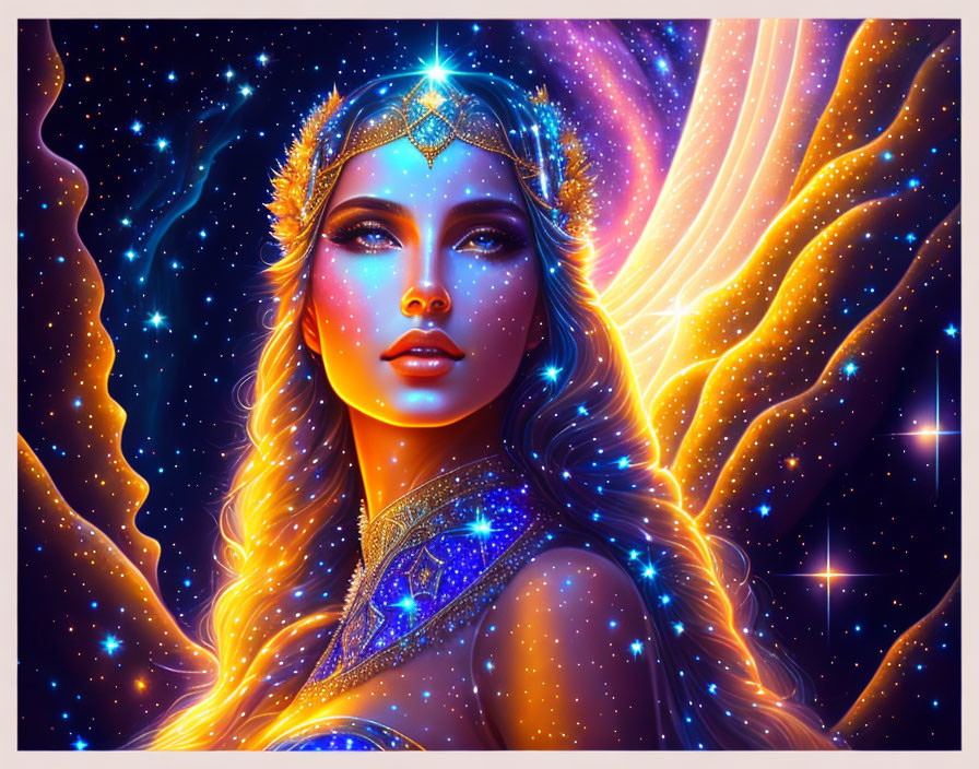 Digital artwork featuring mystical woman with celestial jewelry in cosmic setting