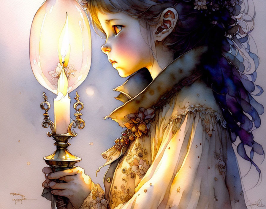 Young girl in vintage attire holding glowing lamp in introspective pose