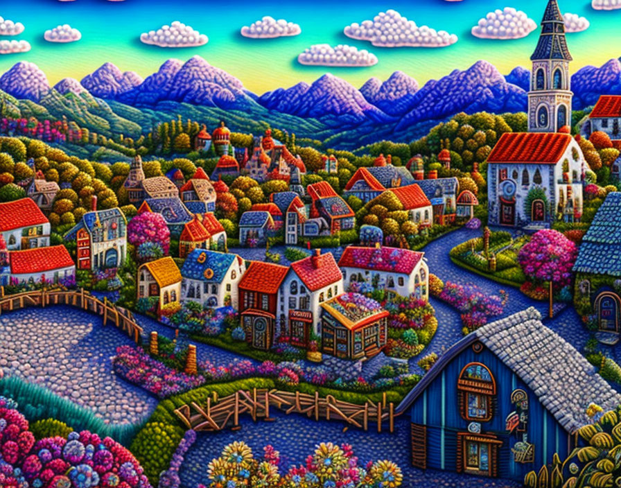 Colorful Artwork of Whimsical Village with Cobblestone Paths
