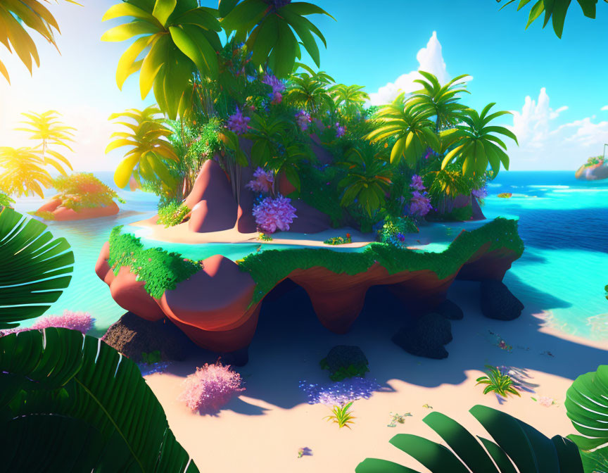 Colorful digital artwork: Fantastical floating island with lush tropical vegetation, clear blue sea, and