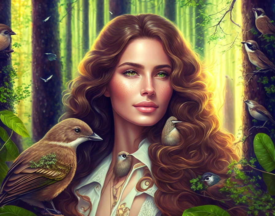 Digital portrait of woman with curly hair, birds, forest, sunlight, foliage