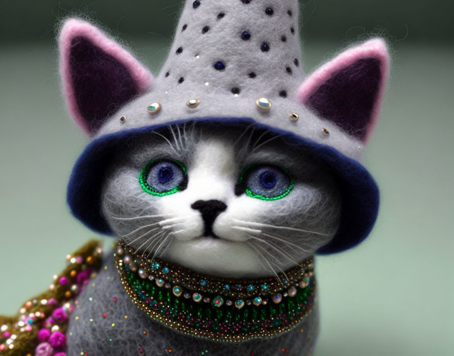 Handcrafted felted wool grey and white cat with green eyes, purple hat, and gray shawl