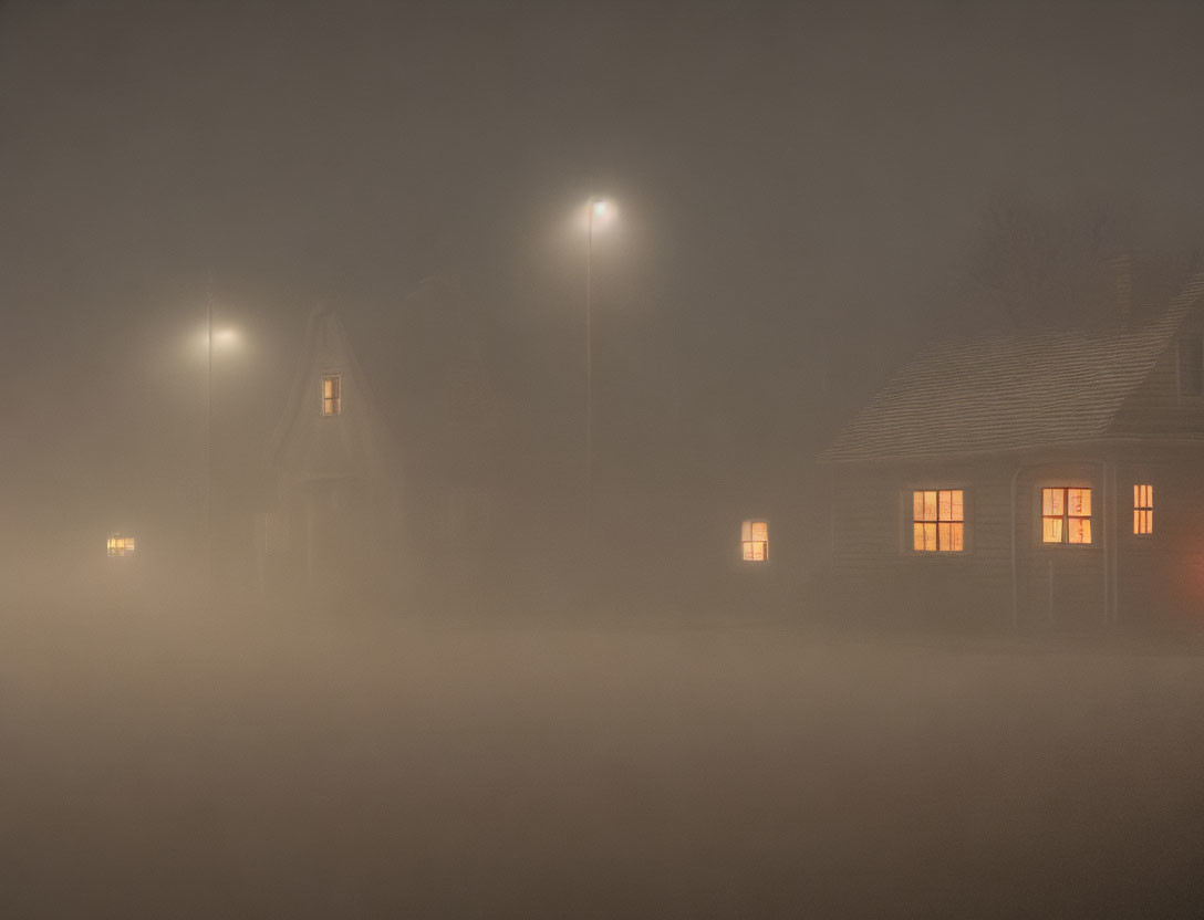 Dimly Lit Streetlights and Glowing House in Thick Fog