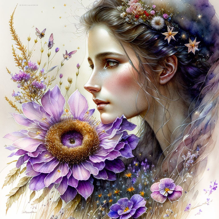 Digital painting of woman with flowers in hair: large purple flower, starry background, small flowers.