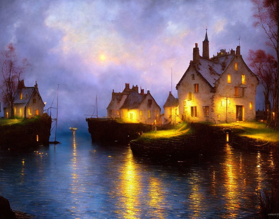 Tranquil evening scene: warmly lit cottages, calm river, moored boat, misty