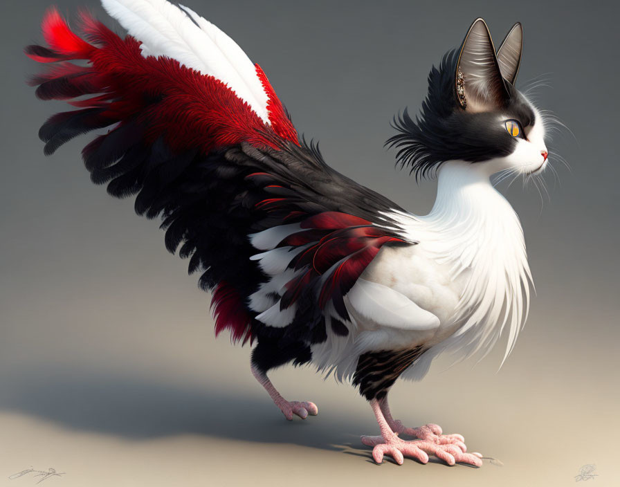 Fantastical digital artwork: Cat head and bird body blend