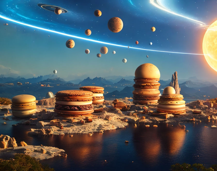 Surreal landscape with burger-like formations under fantastical sky