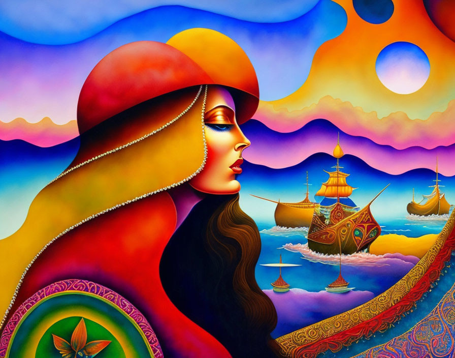 Colorful Stylized Profile of Woman in Surreal Seascape