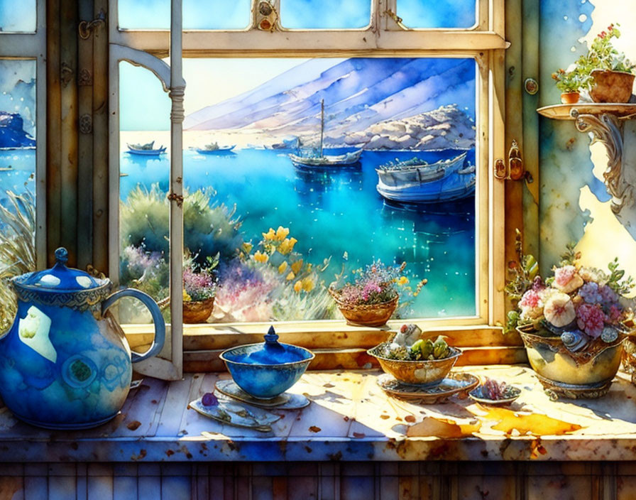 Colorful Watercolor Painting: Seaside View with Teapot, Bowl, and Flowers