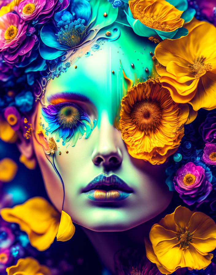 Colorful surreal portrait with flowers and paint splashes on head and face