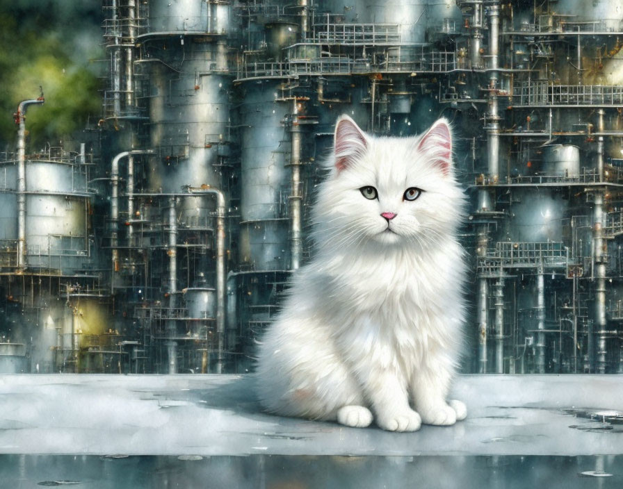 Fluffy White Kitten Against Industrial Backdrop