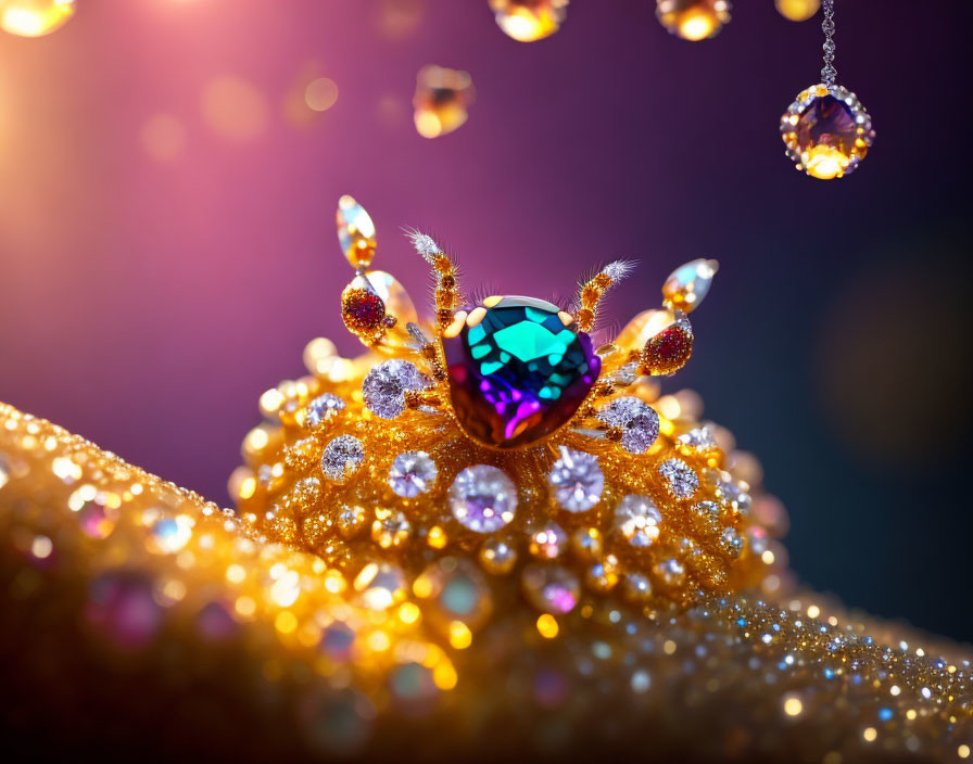Close-up of Sparkling Jeweled Crown with Blue Gem and Diamonds on Bokeh Background