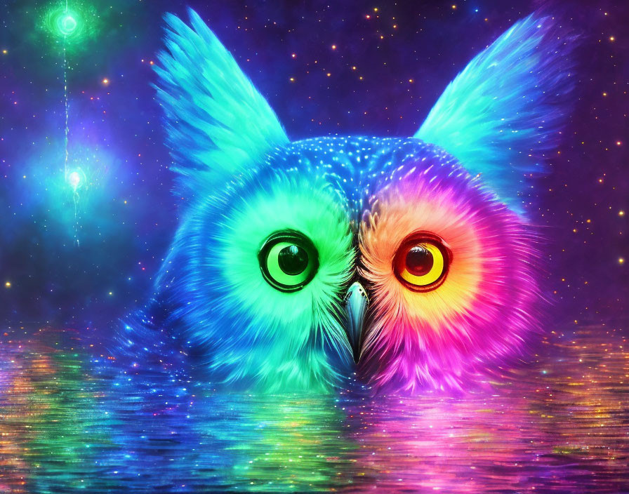 Split-color face owl digital artwork against cosmic backdrop