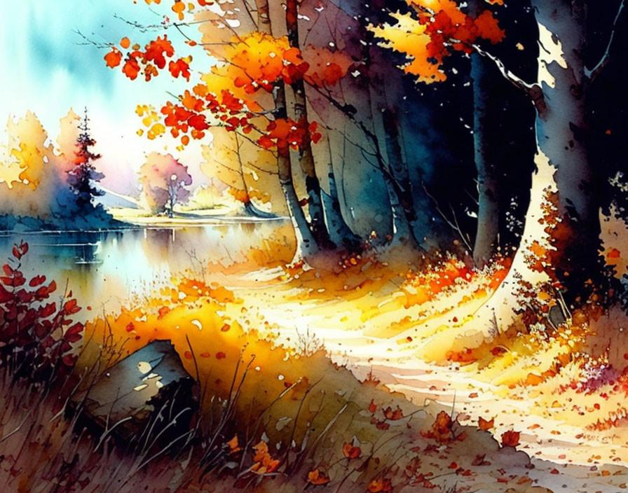 Colorful Autumn Scene Watercolor Painting with Lake and Path