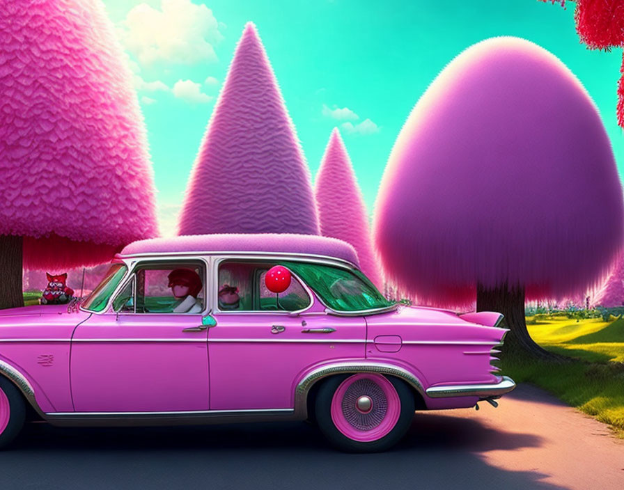 Pink vintage car driving on road lined with whimsical pink trees