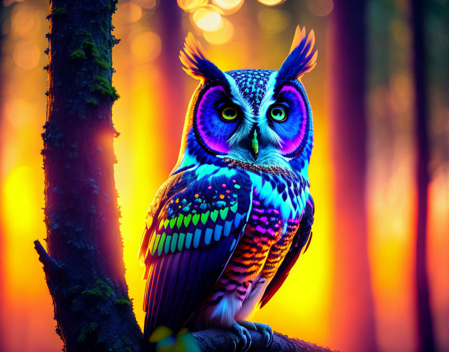 Colorful Digital Art: Owl on Branch in Neon Forest