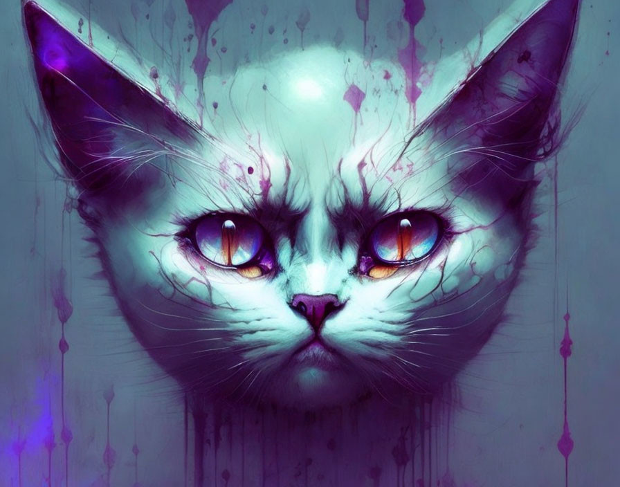 Artistic Cat Image with Purple Hues and Orange Eyes