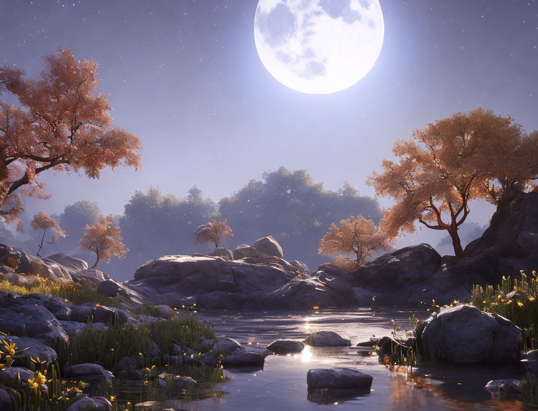 Full Moon Illuminates Serene Nighttime Pond