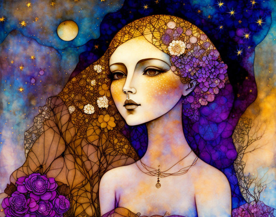 Fantasy illustration of woman with starry eyes and celestial motifs