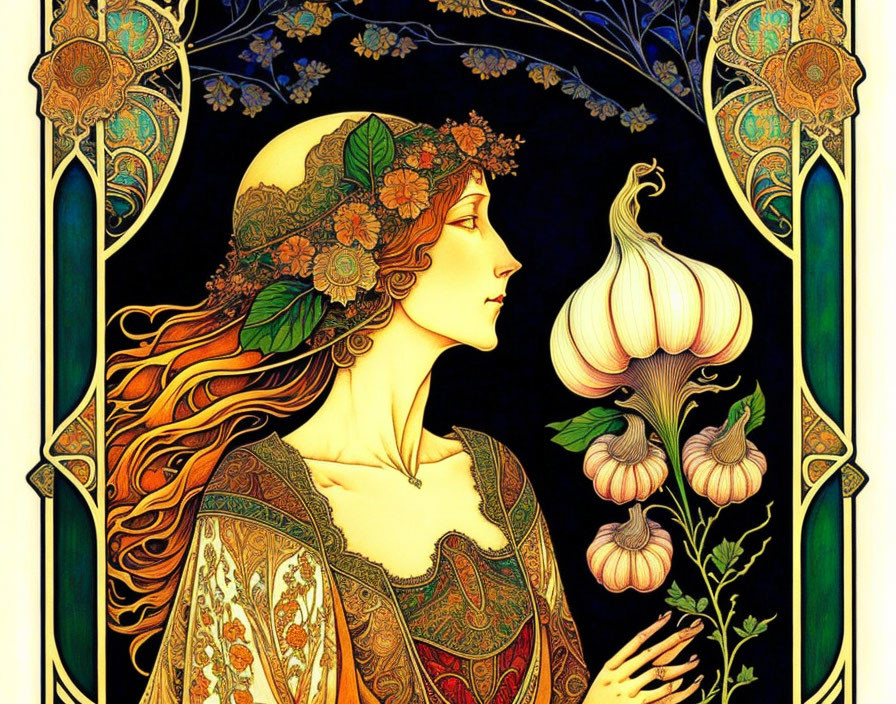 Art Nouveau Style Woman Illustration with Floral Motifs