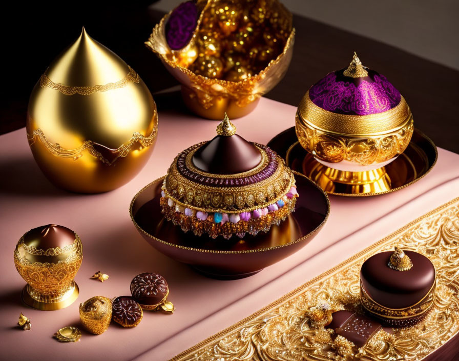 Elegant Chocolate Truffles with Golden Eggs and Jeweled Decorations