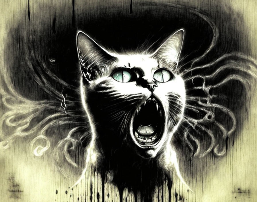 Monochrome cat illustration with glowing green eyes on dark, swirling background