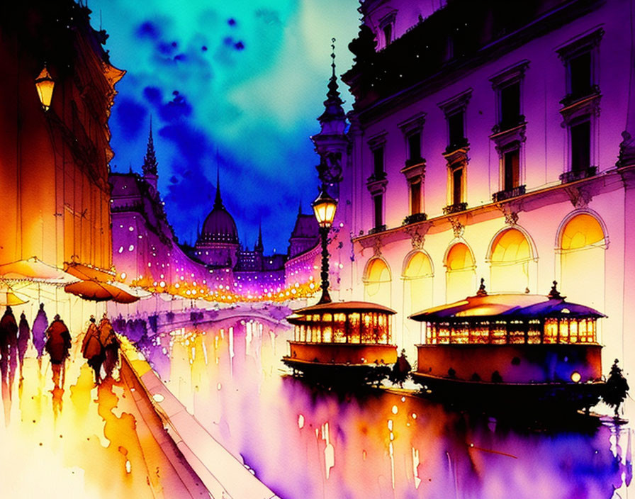 Vibrant watercolor of bustling street at dusk with elegant buildings, festive lights, and people st