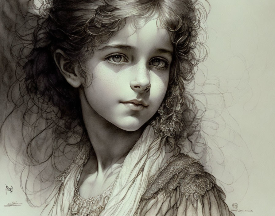 Detailed pencil drawing of young girl with curly hair in textured garment