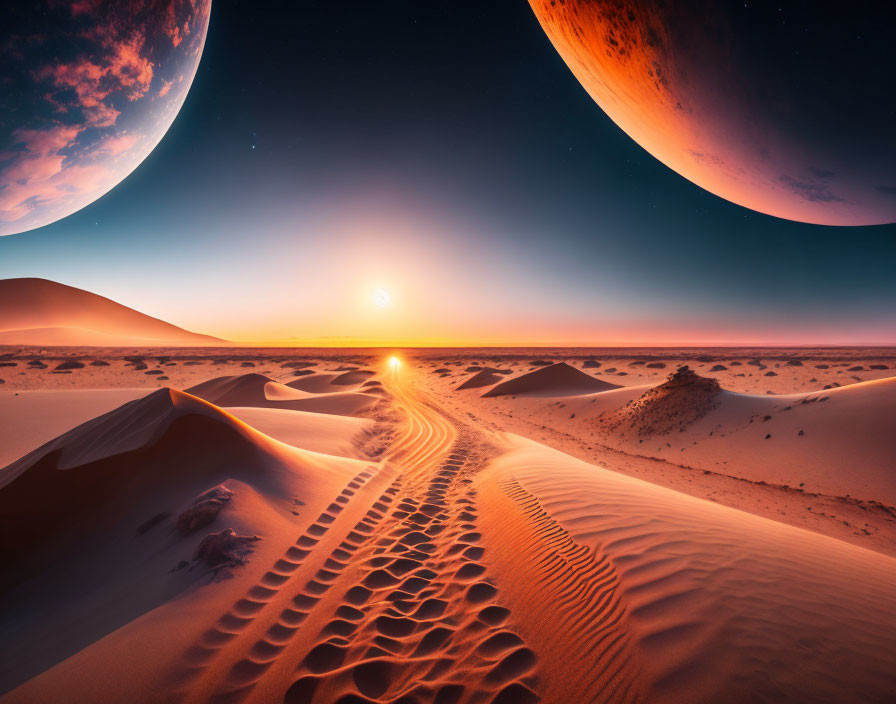 Surreal desert landscape: sunset, planets in sky, sand dunes, warm horizon