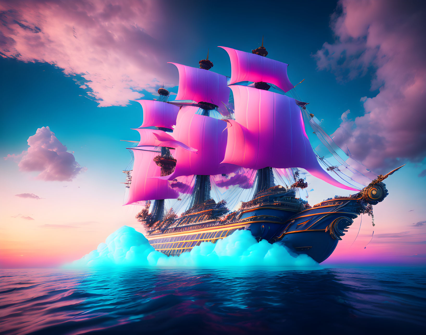 Fantastical ship with pink sails on blue ocean at sunset