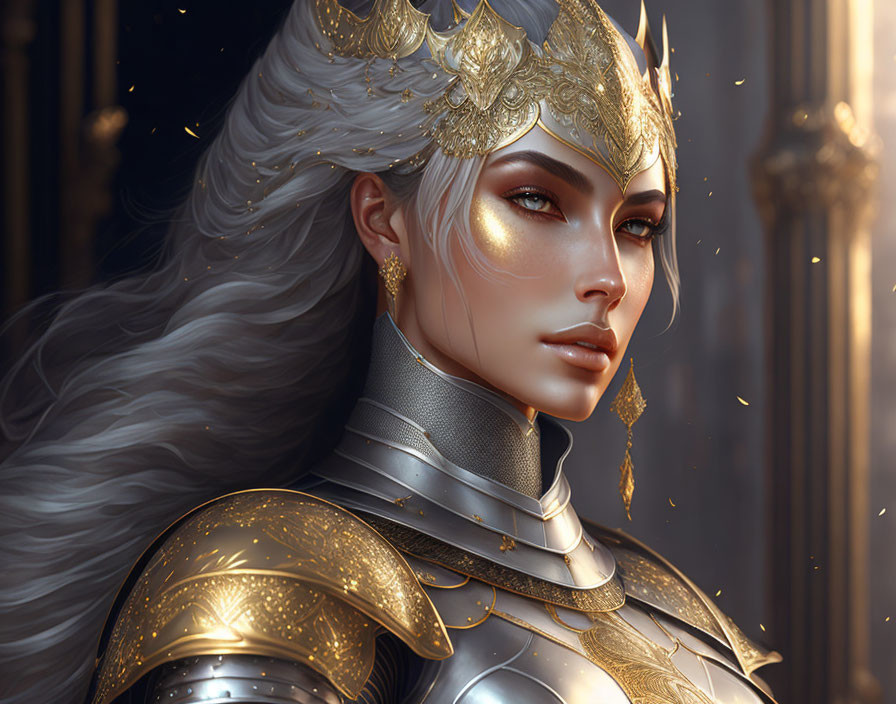 Fantasy digital art: Armored female warrior with silver hair and golden helmet