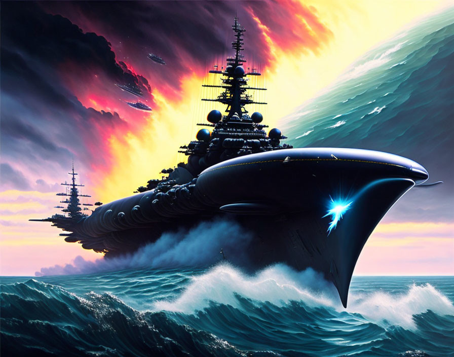 Intricate futuristic battleships on tumultuous waves under dramatic sky