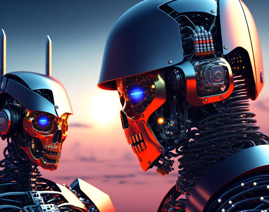 Futuristic robotic heads with glowing orange eyes against twilight sky