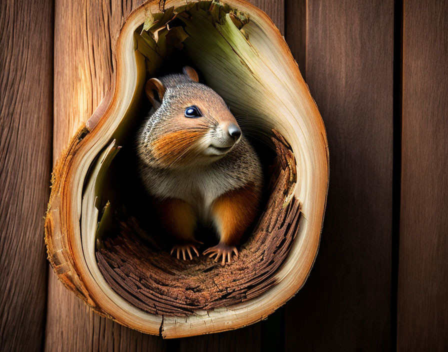 Squirrel peeking from tree hollow on wooden backdrop