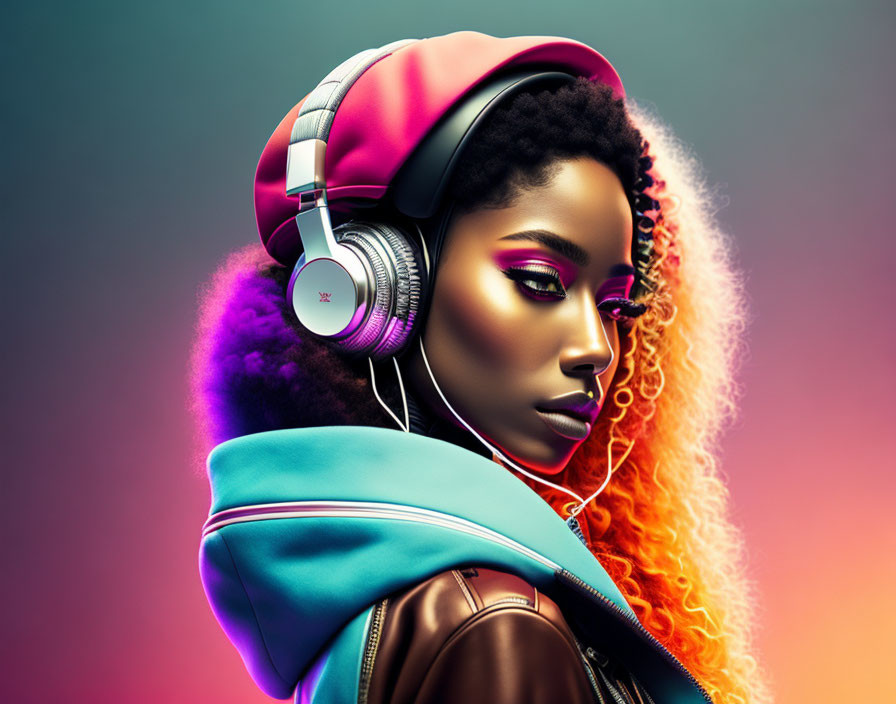 Vibrant makeup and curly hair woman with headphones in colorful jacket on gradient background