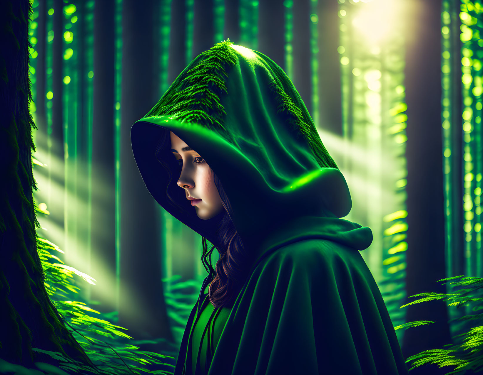 Person in Green Hooded Cloak in Sunlit Forest