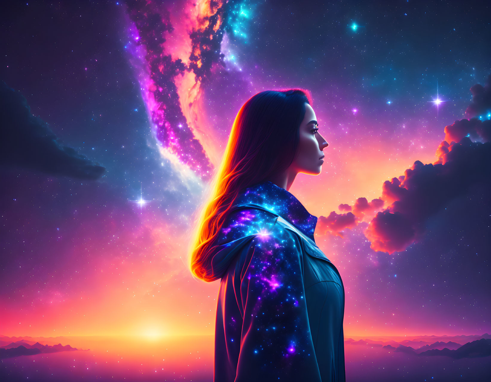 Woman's Side Profile Against Vibrant Cosmic Background