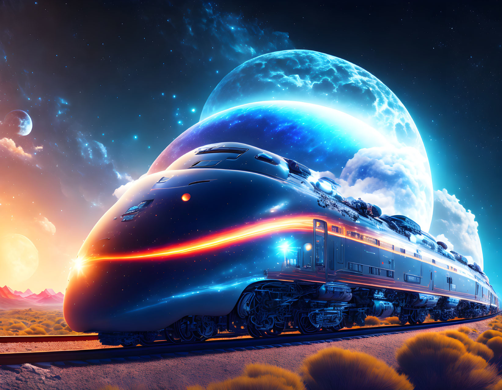 Futuristic train racing under night sky with moons in desert landscape