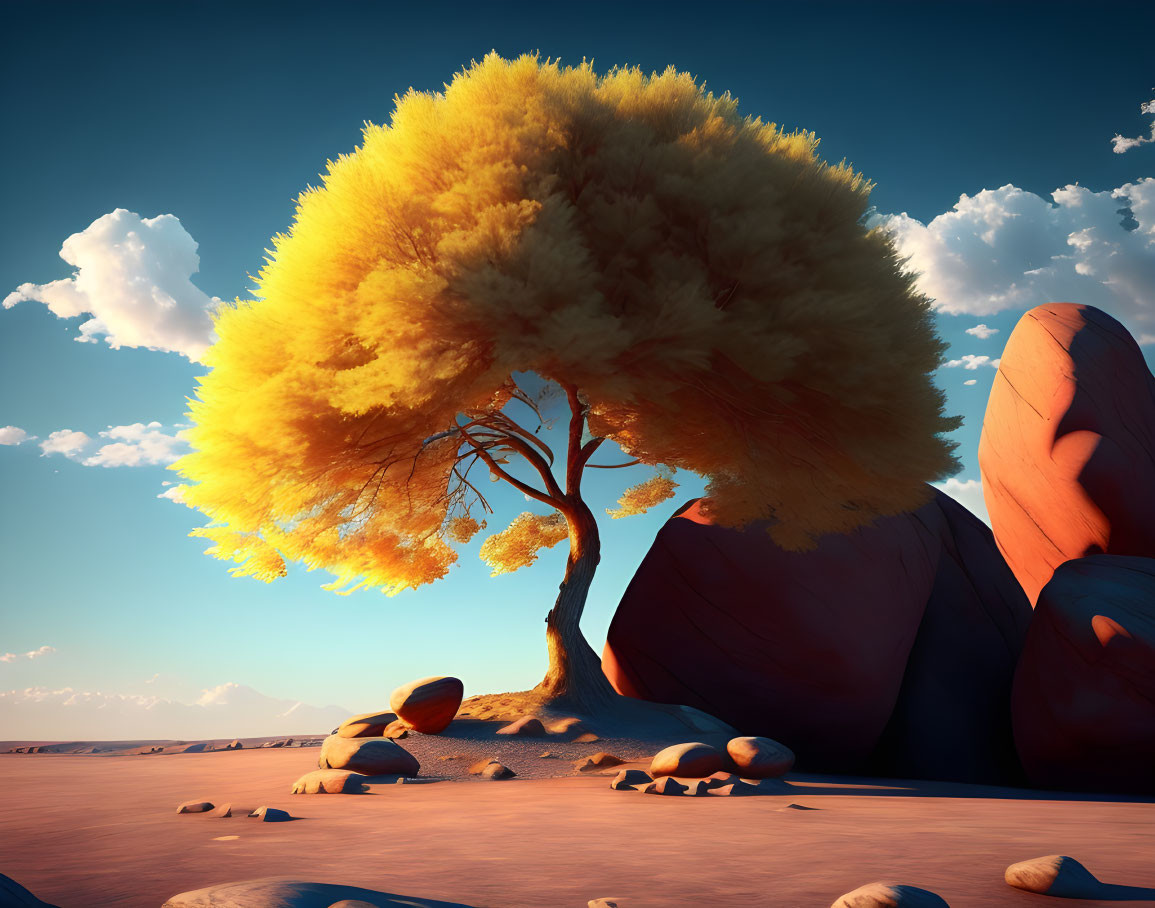 Colorful surreal landscape with fluffy yellow tree, red rocks, sandy terrain, and clear blue sky