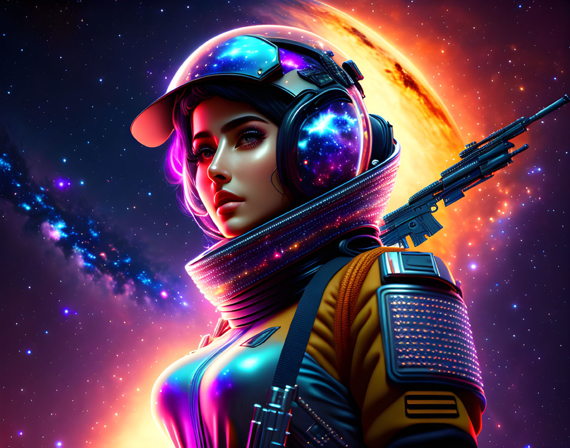 Futuristic female astronaut in galaxy-themed spacesuit with reflective helmet and rifle against cosmic backdrop